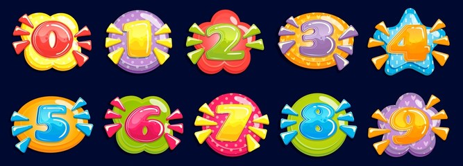 Cartoon numbers. Funny chubby number, child birthday card colored years and number in colorful frame. Game bubble toy or happy birthday cake numbers vector illustration set