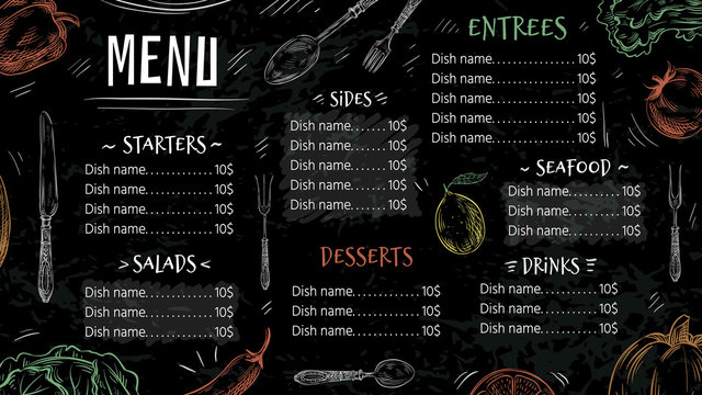 Vintage restaurant menu. Hand drawn food, cafe menus and kitchen poster. Chalk board menu, cafe flyer design or dessert, bar drinks and salads brochure hipster vector template illustration