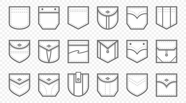 Patch pocket. Uniform clothes pockets patches with seam, patched denim pocket line. Casual style pocketful dress clothes, shirt arms pocket icons. Isolated icon vector set