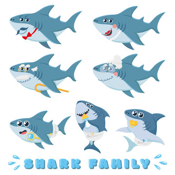 Cartoon sharks family. Newborn baby shark, comic marine father and cheerful mother sharks characters. Ocean fish family, sea underwater sharks predator. Isolated vector illustration icons set