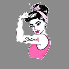 strong girl, pink, believe, on gray background