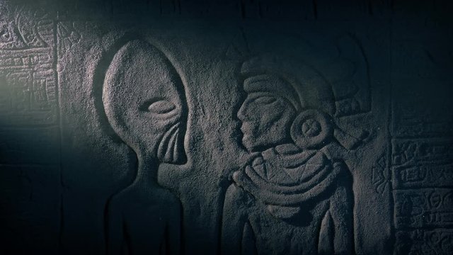 Alien And Mayan Priest Wall Art In Dusty Tomb