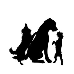 Vector silhouette of group of dogs. Symbol of animal friends on white background. Funny activities.