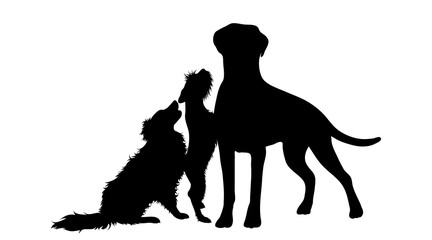 Vector silhouette of group of dogs. Symbol of animal friends on white background. Funny activities.