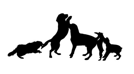 Vector silhouette of group of dogs. Symbol of animal friends on white background. Funny activities.