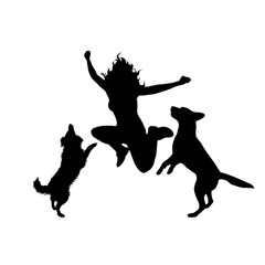 Vector silhouette of woman who play with dogs on white background. Symbol of friends and funny activities.