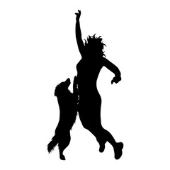 Vector silhouette of woman who jump with dog on white background. Symbol of friends and funny activities.