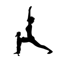 Vector silhouette of woman who practicing with her dog on white background. Symbol of friends and funny activities.