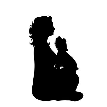 Vector silhouette of woman who sits with her dog on white background. Symbol of friends and funny activities.
