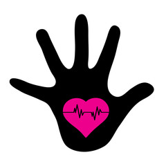 Vector silhouette of child´s hand shows drawing heart on the palm. Symbol of childhood, love,pulse, healthy.