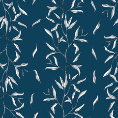 Little leaves on branch , floral hand drawn - seamless pattern on navy blue background