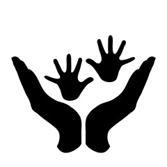 Fototapeta na wymiar Vector silhouette of a hand in a defensive gesture protecting a baby. Symbol of insurance, boy, girl, child,protection.