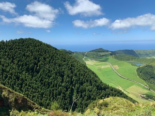 Mountain landscape with lakes on São Miguel island, Azores, Portugal near Sete Cidades