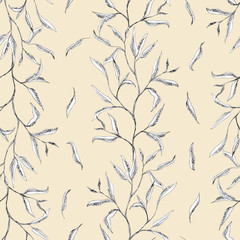 Branch with little leaves, floral hand drawn - seamless pattern on beige background