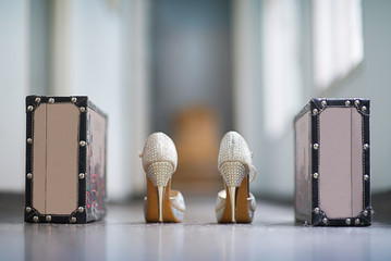 ZAPATOS DE MUJER CON TACO FINO Y BRILLOS CON DOS VALIJAS A SUS COSTADOS