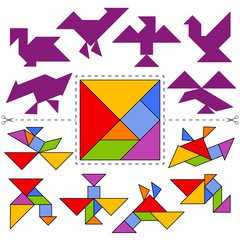 Set of vector tangram puzzles (geometric puzzle) for the development of logical thinking of children and adults. Collection of 7 birds shapes and answer card. Vector illustration