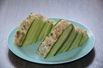 Sandwich with tuna, cottage cheese, egg and cucumber