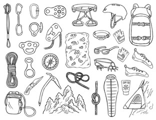 Set of hand-drawn climbing icons isolated on white background. Doodle black and white vector illustration of equipment, tools and accessories for alpinism and mountaineering