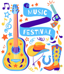 Illustration set for Country music festival banners. Vector hand drawn concept. Set has a guitar, hat, boot, gun, tape and other elements.