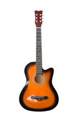 Naklejka premium Wooden brown acoustic guitar. Classical musical instrument isolated on white background