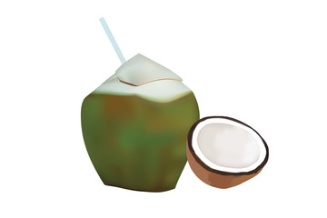 Young green coconut. Green whole coconut with piece on white background. Vector illustration 
