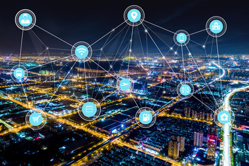 Modern city with wireless network connection concept