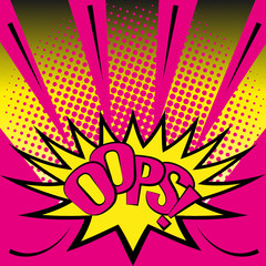 OOPS! pop art lettering. Icon of flat style and halftone effect, brighte colors. Vector illustration for banner, poster.