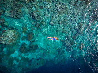 Aerial top down people snorkeling on coral reef tropical caribbean sea, turquoise blue water....