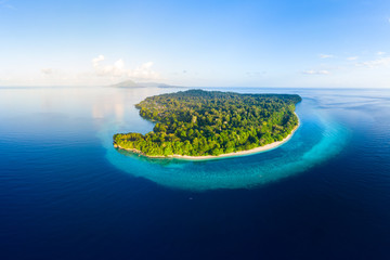 Aerial view tropical beach island reef caribbean sea. Indonesia Moluccas archipelago, Banda...