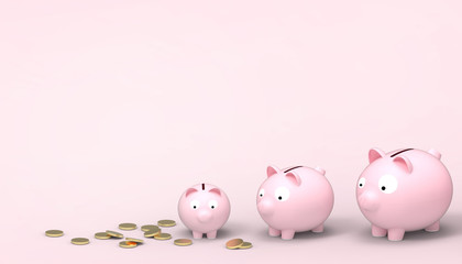 Piggy pink bank Savings Groups and money tower on Concept  Modern Art  pastel pink  background  - 3d rendering