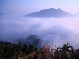 Mountains, trees, wind, sun, clouds