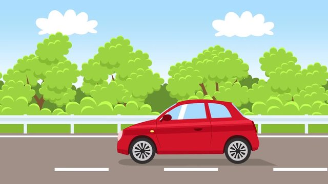 Cartoon red car flat animation driving along the road highway side view