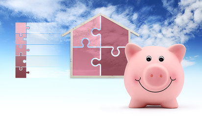 savings concept, piggy bank with house shape and puzzle symbols, isolated on sky background, infographic for green buildings and save energy eco sustainability