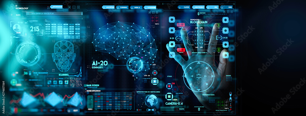 Poster Business hand working with cryptocurrency and Ai conputer interface.