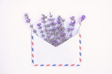 Fototapeta premium Fresh lavender bouquet and blank airmail envelope isolated on white background. Romantic message concept with copy space. Flat lay.