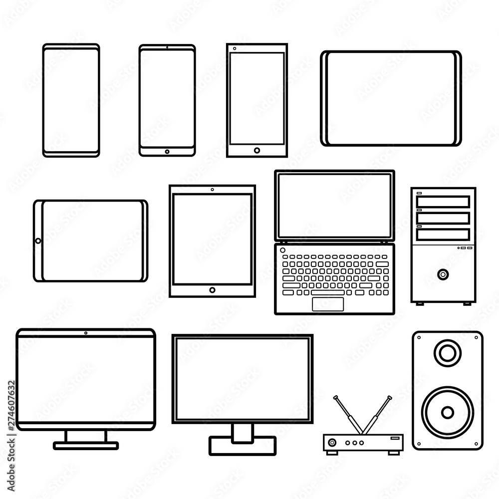 Poster vector illustration set of black and white flat icon of simple modern digital smartphones computers 