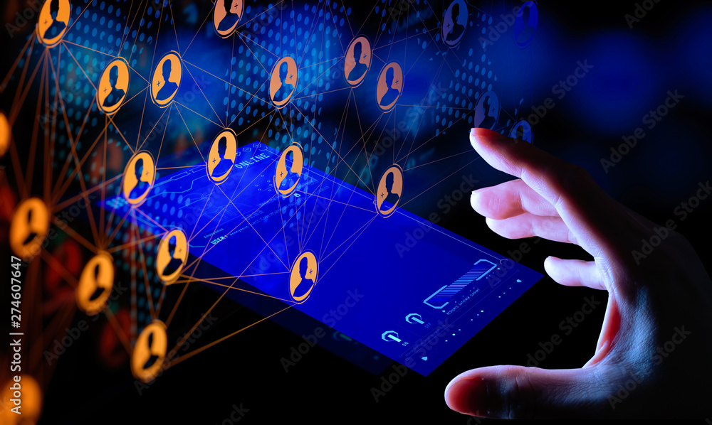 Fototapete Business hand working global structure networking and data exchanges customer connection with new smart phone Ui.