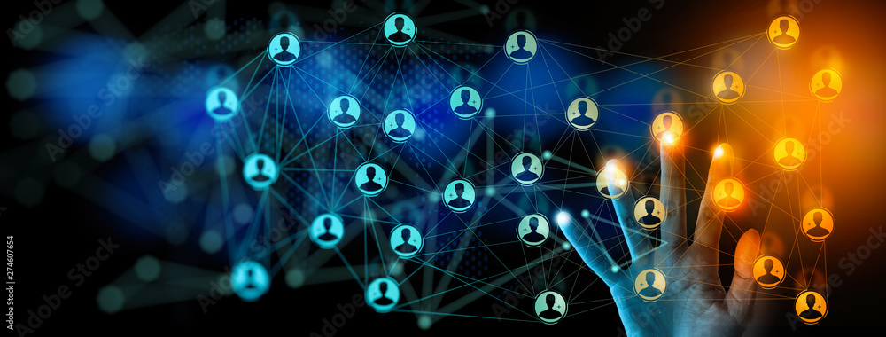 Aufkleber Business hand working global structure networking and data exchanges customer connection with new computer Ui.