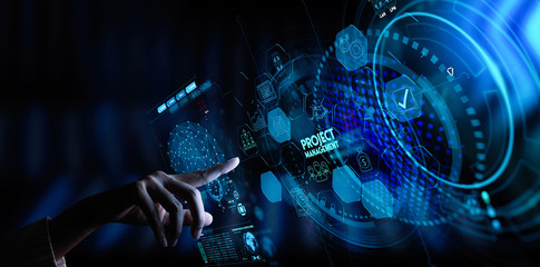 hand working with project manager and icons about planning tasks and milestones on schedule, cost management of Ui computer