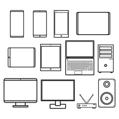 Vector illustration set of black and white flat icon of simple modern digital smartphones computers monitors modems on a white background. Concept: computer digital technologies