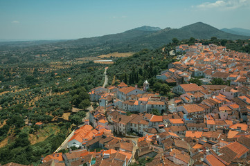 Fototapeta premium City landscape with old building roofs and church steeple