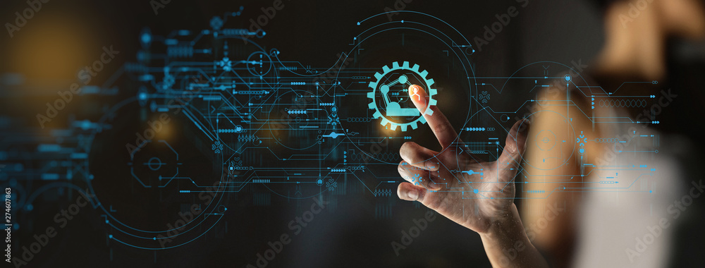 Aufkleber Engineer hand check and control welding robotics automatic arms icon with machine in intelligent factory automotive industrial with UI monitoring system software.