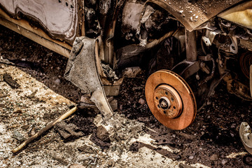 rust and broken after accident landing gear car detail in dump  