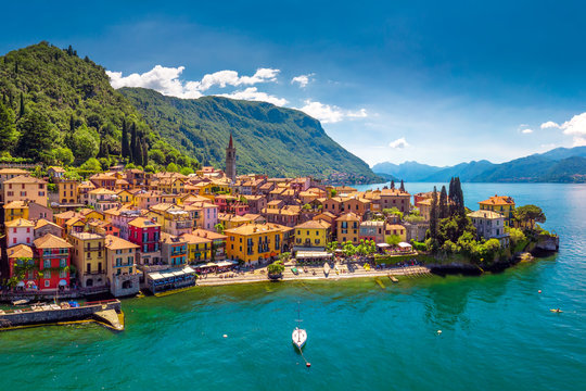 Aerial view of Varena old town on Lake Como with the mountains in the background, Italy, Europe