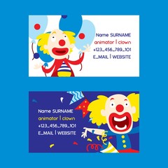 Animators and clowns set of business cards vector illustration. Funny characters and different circus accessories for party. Cartoon clown, comedian and jester performance in costume.