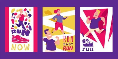 People with overweight doing exercises set of cards, posters vector illustration. Sport running. Run baby run. Sport shoes, sneakers for training, fitness. Healthy lifestyle.