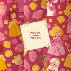 Little princess girls in evening gowns set of seamless patterns vector illustration. Elegant little female characters in flat style. Fashionable ladies in dresses with crowns.