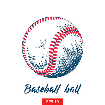 Vector engraved style illustration for posters, decoration and print. Hand drawn sketch of baseball or softball ball in color isolated on white background. Detailed vintage etching style drawing.