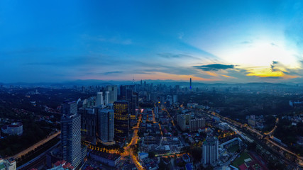 Panoramic Aerial view of Kuala Lumpur cityscape during Sunset