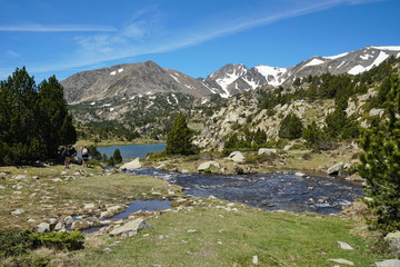 France Pyrenees-Orientales mountain landscape, stream and Comassa lake with Carlit massif in background, natural park of the Catalan Pyrenees